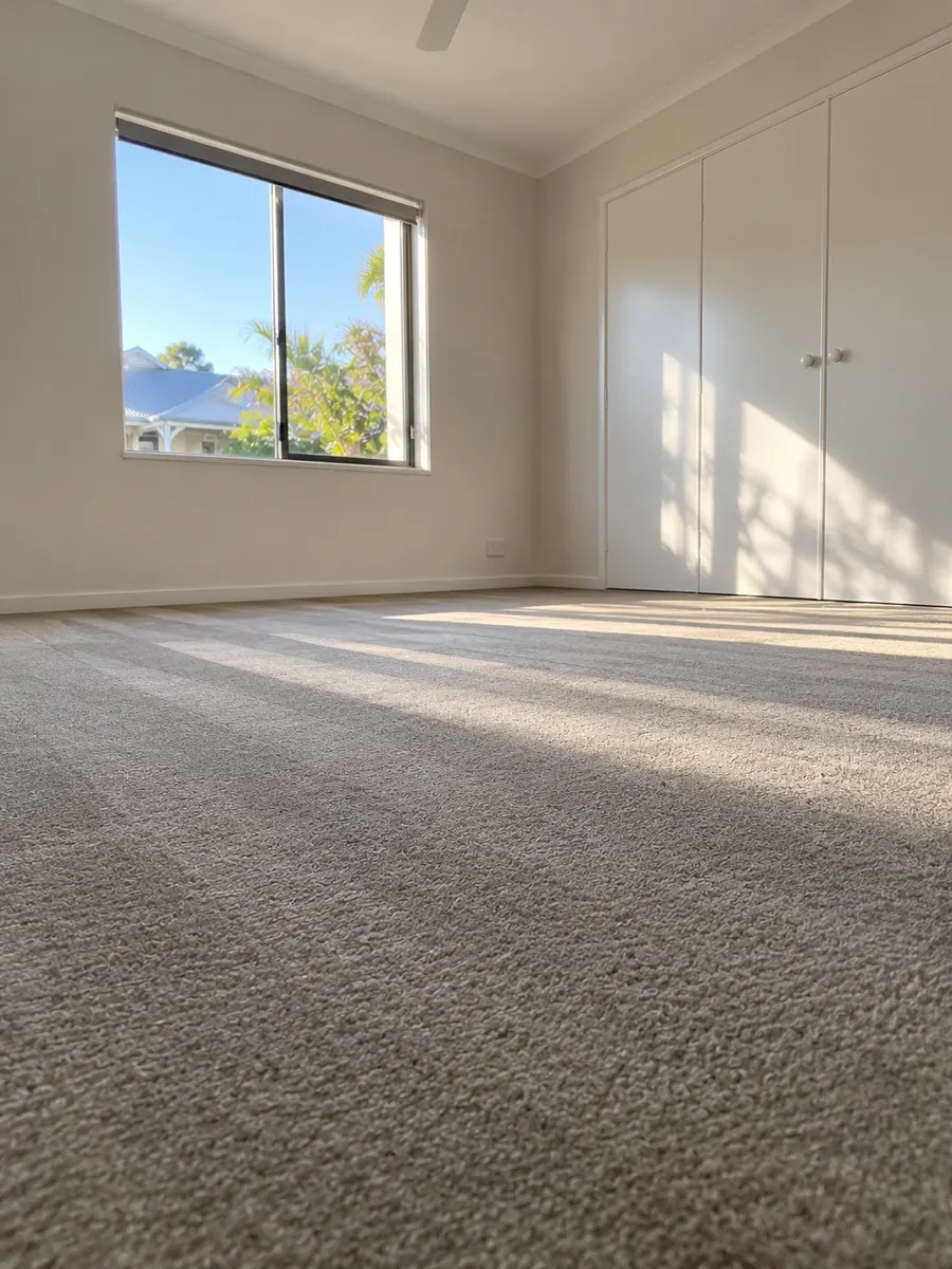 Freshly steam-cleaned carpet in an empty bedroom