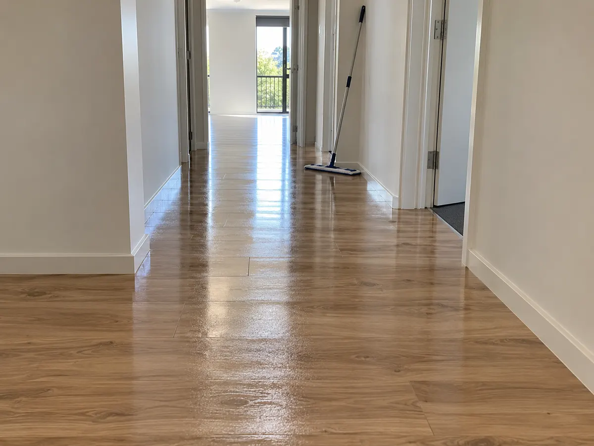 Freshly mopped hallway floor