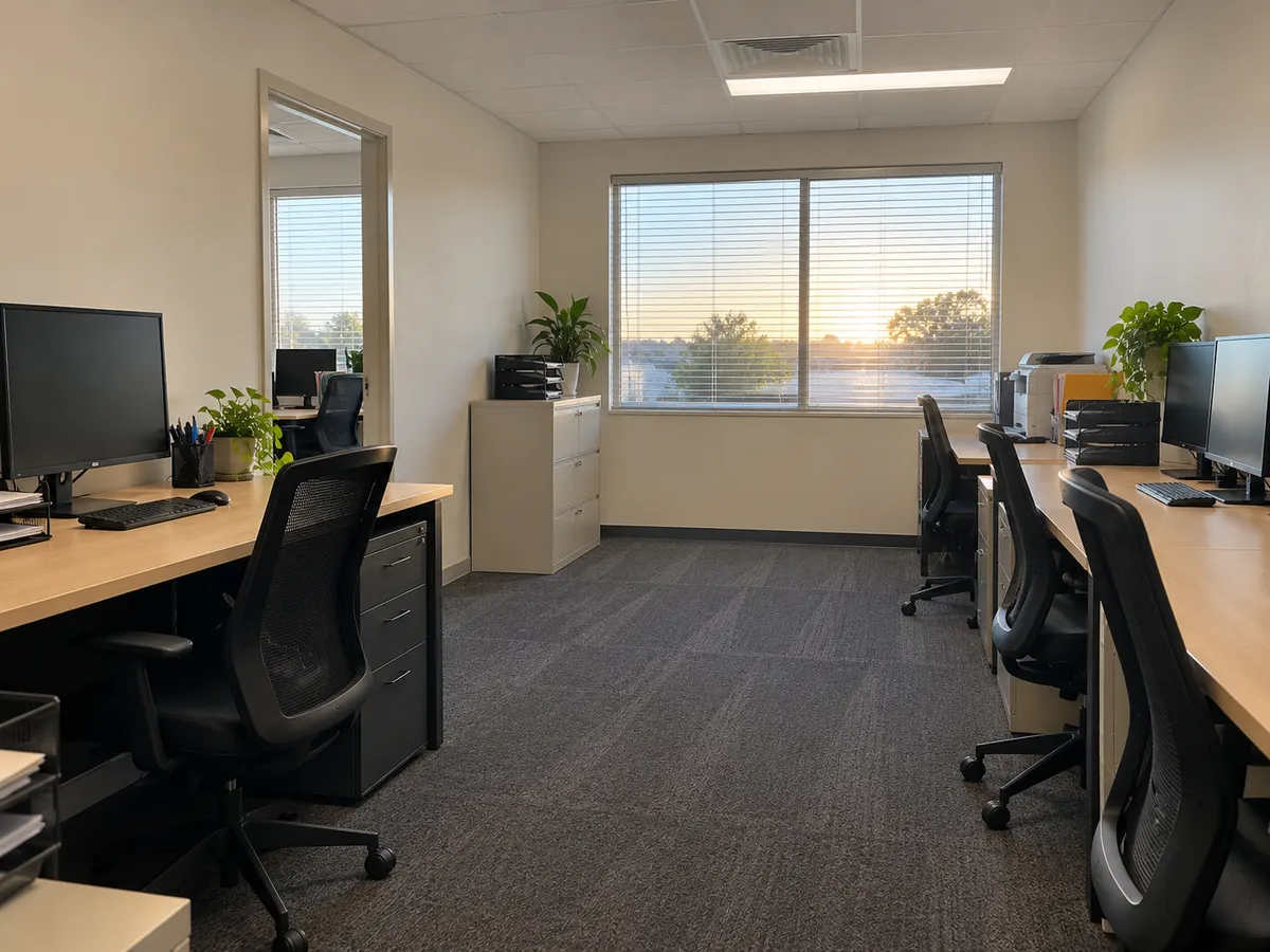 Rows of clean desks in an empty office