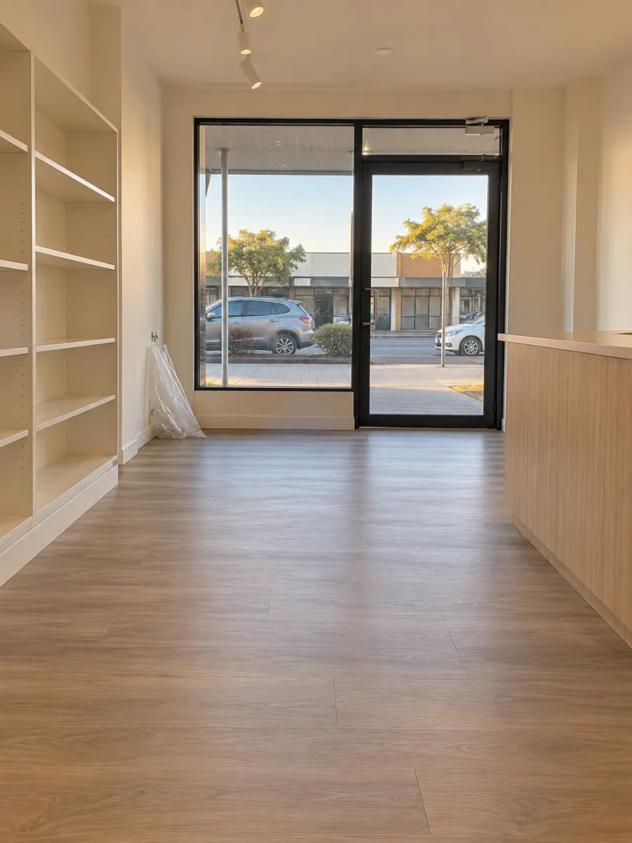 New shopfront cleaned and ready to open, with bare shelves and a timber counter